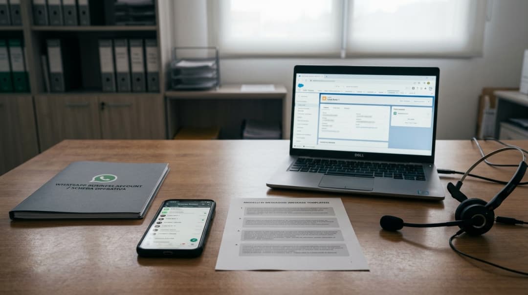 Account WhatsApp Business, numero, template, CRM e postazione operatore in una concessionaria