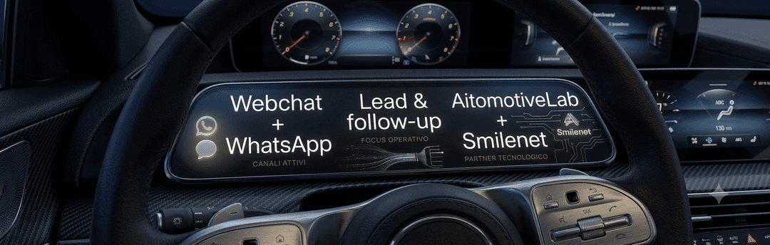 Display stile cruscotto automotive con i canali attivati nel progetto Car Lovers Roma: webchat, WhatsApp e outbound WhatsApp, il focus su lead management e follow-up, e la partnership AitomotiveLab e Smilenet.