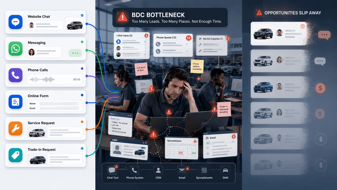 Lead da sito, WhatsApp e telefono che creano un collo di bottiglia operativo nel BDC di una concessionaria.