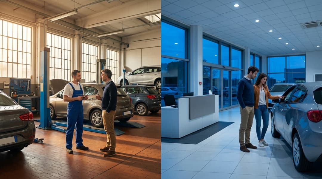 Service di giorno in officina e richieste di vendita che continuano la sera in showroom