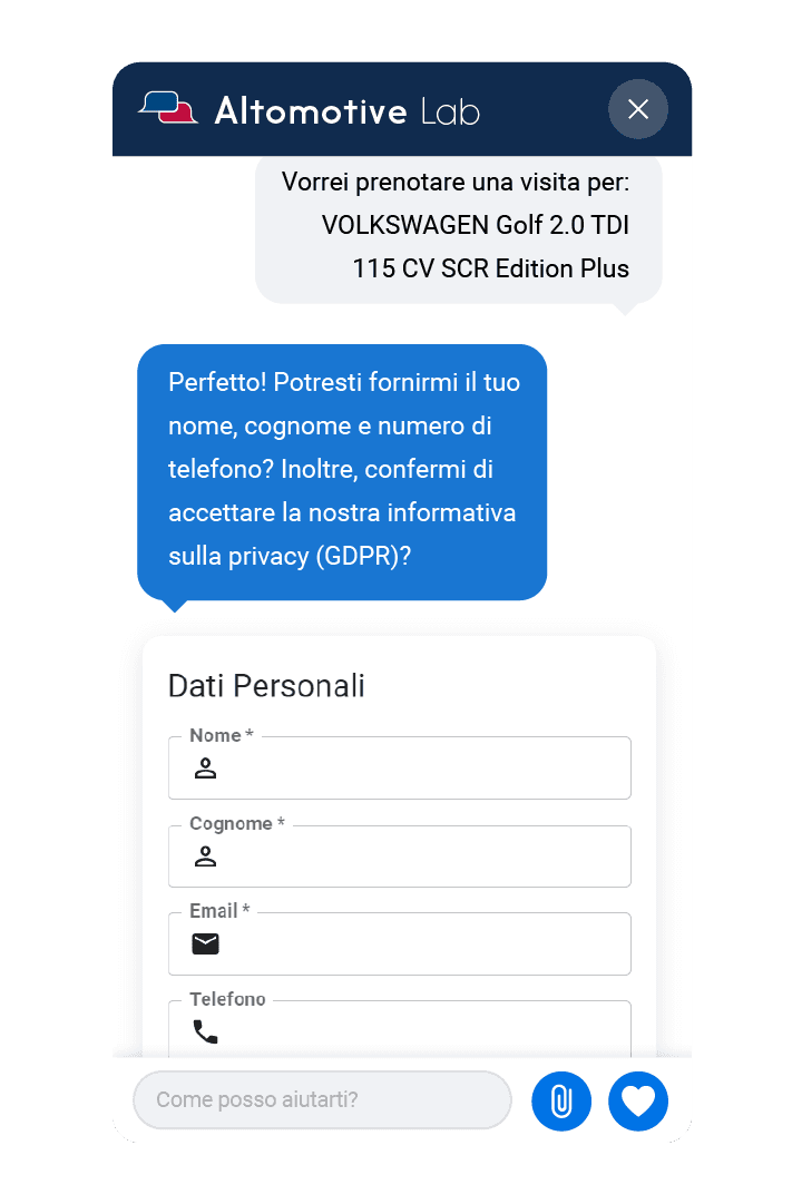 Webchat de MIA que recoge nombre y datos de contacto para una solicitud de cita