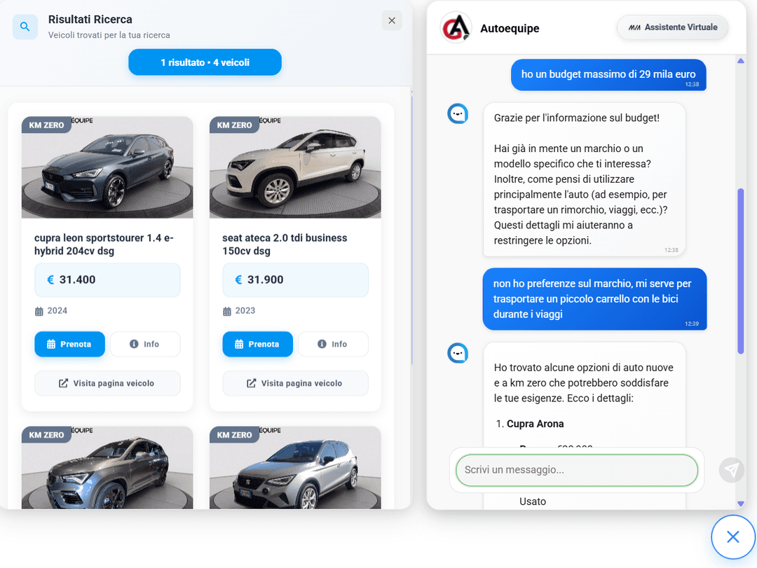 Webchat MIA sul sito di una concessionaria che propone veicoli dello stock in base al budget del cliente