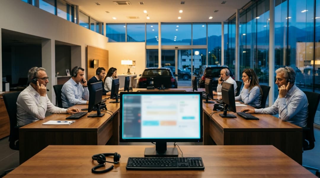 BDC di una concessionaria multisede: gli operatori sono al telefono e una linea in overflow resta coperta