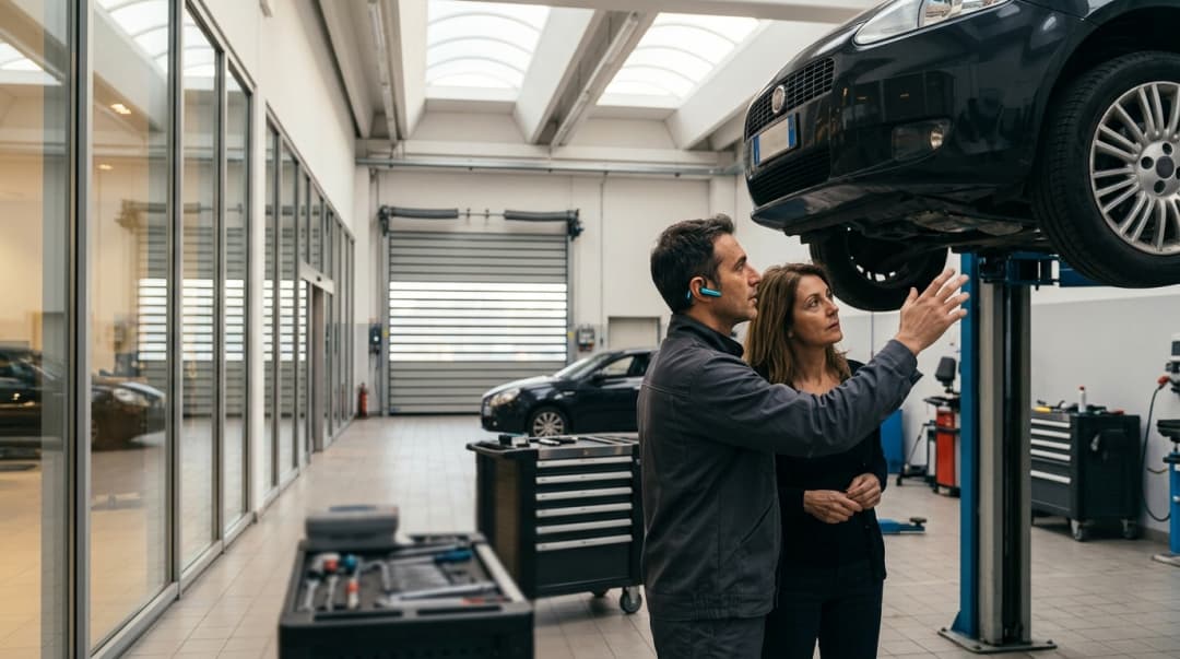 Officina di concessionaria: un cliente chiede lo stato della vettura mentre il lavoro è ancora in corso
