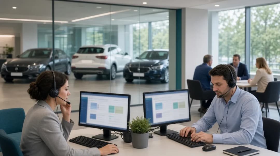 Due operatori del BDC in cuffia alla scrivania, con lo showroom della concessionaria sullo sfondo