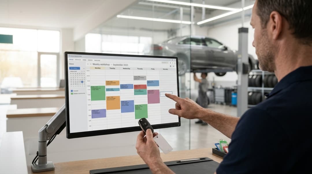 Service advisor pointing at a free slot in the weekly workshop calendar while holding a customer’s key
