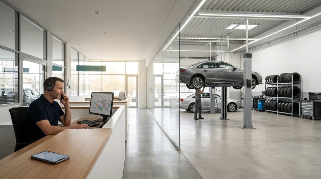 Dealership service reception with an advisor on the phone and a workshop with a car on a lift in the background
