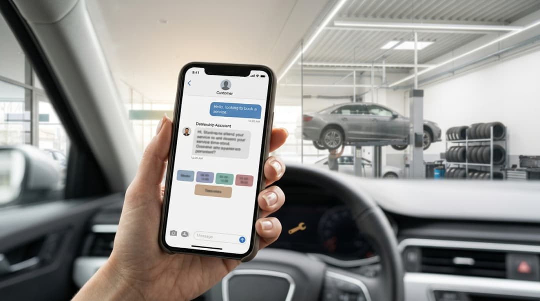 Customer in a car booking a service via chat with the dealership assistant and choosing a time slot