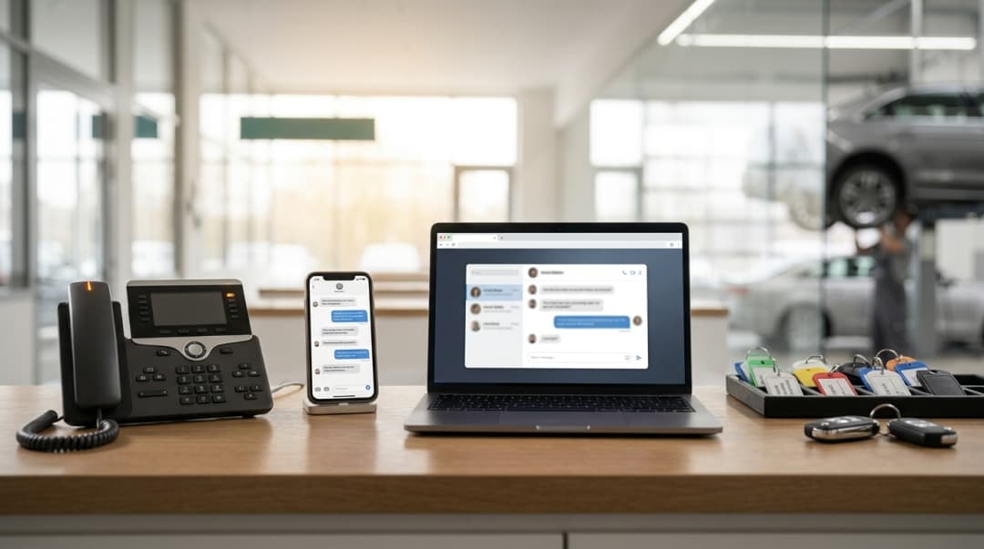 Desk phone, smartphone with a chat and laptop with the website webchat on the service reception counter