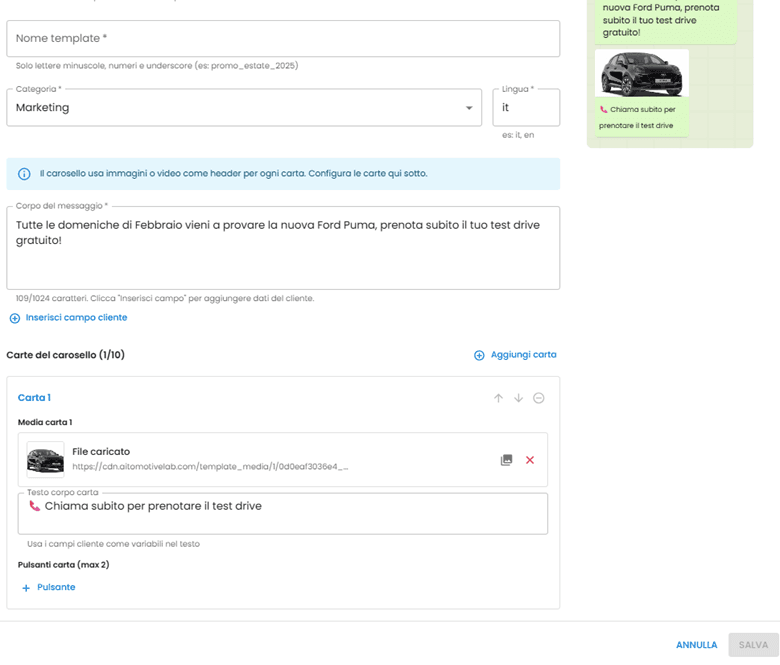 Editor di un template WhatsApp outbound in MIA con carosello e anteprima del messaggio